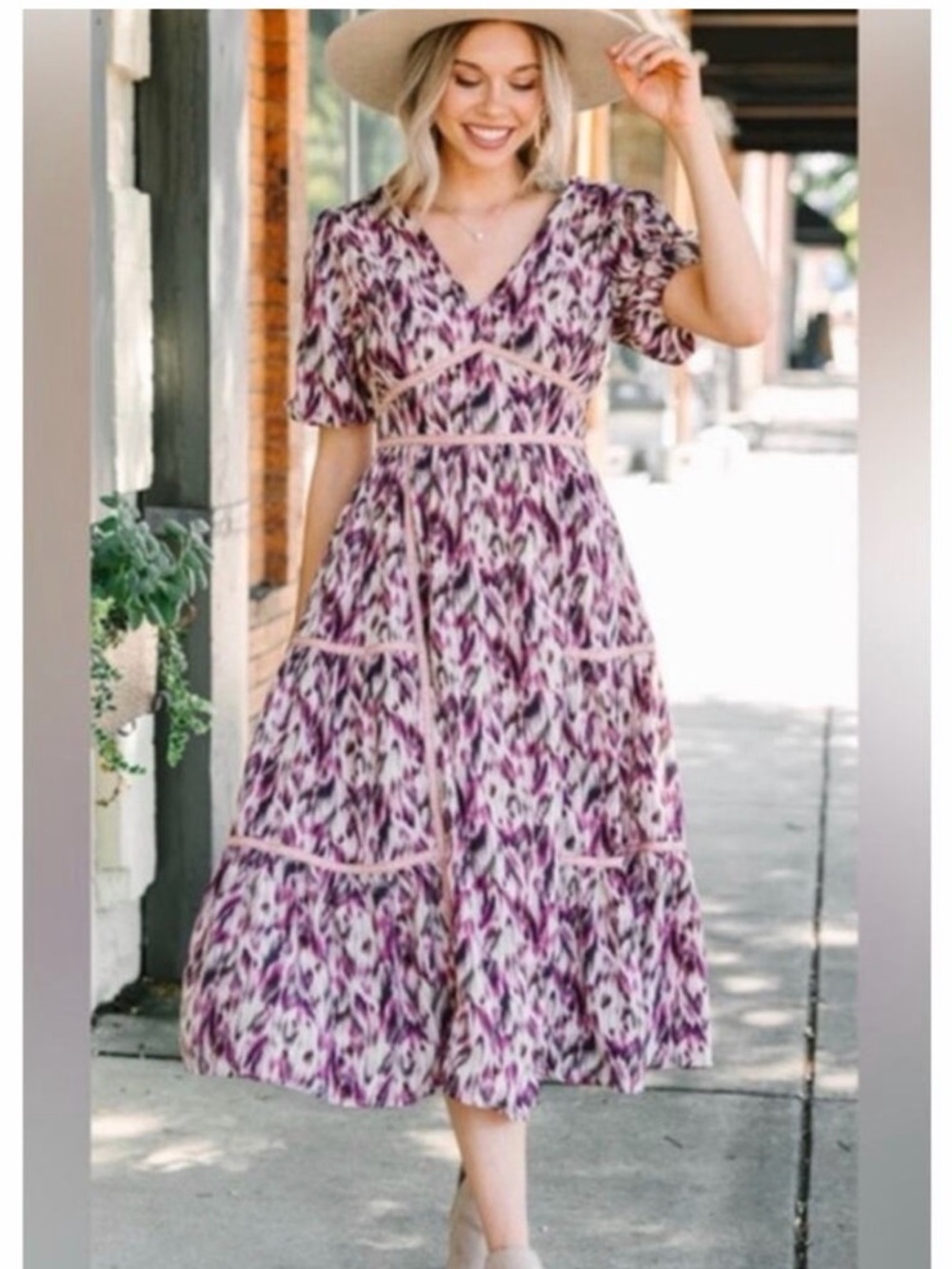 Entro Puff Sleeve Midi Dress Medium Purple V Neck Tiered Boho